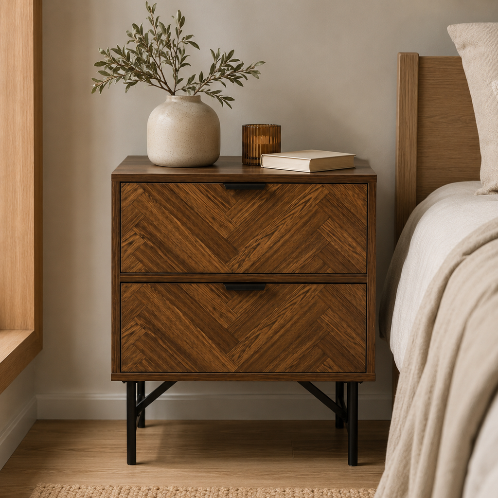 Bedside Table – 2 Drawers, Herringbone-Pattern Front, Metal Handles, Walnut-Effect