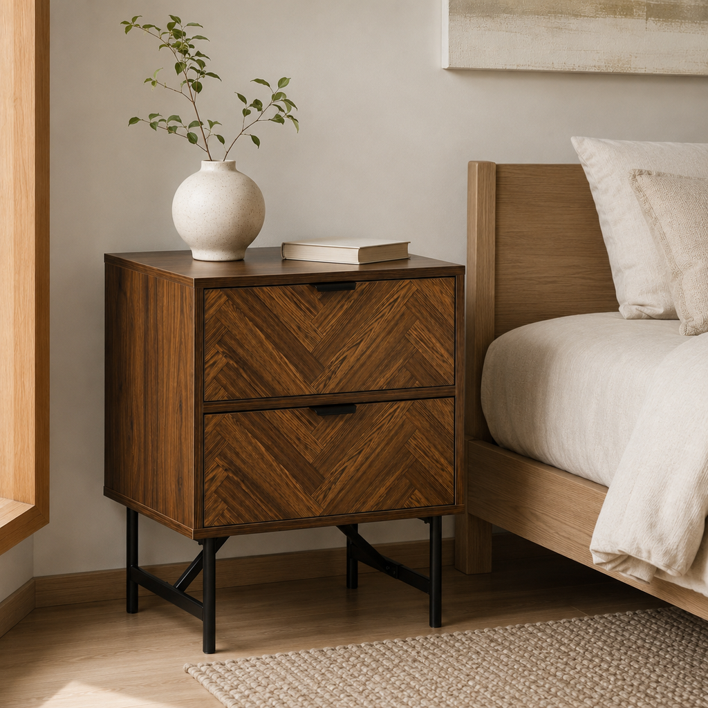 Bedside Table – 2 Drawers, Herringbone-Pattern Front, Metal Handles, Walnut-Effect
