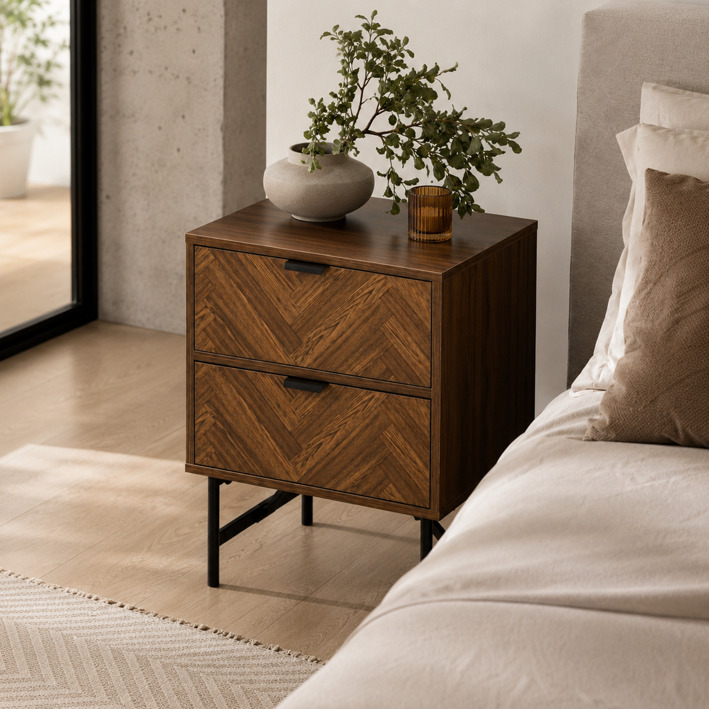 Bedside Table – 2 Drawers, Herringbone-Pattern Front, Metal Handles, Walnut-Effect