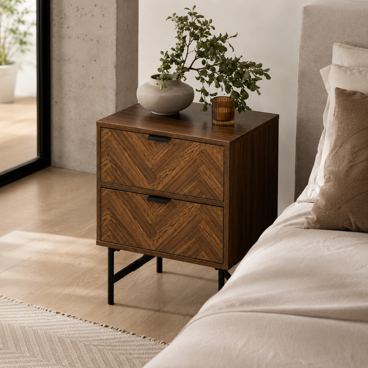 Bedside Table – 2 Drawers, Herringbone-Pattern Front, Metal Handles, Walnut-Effect