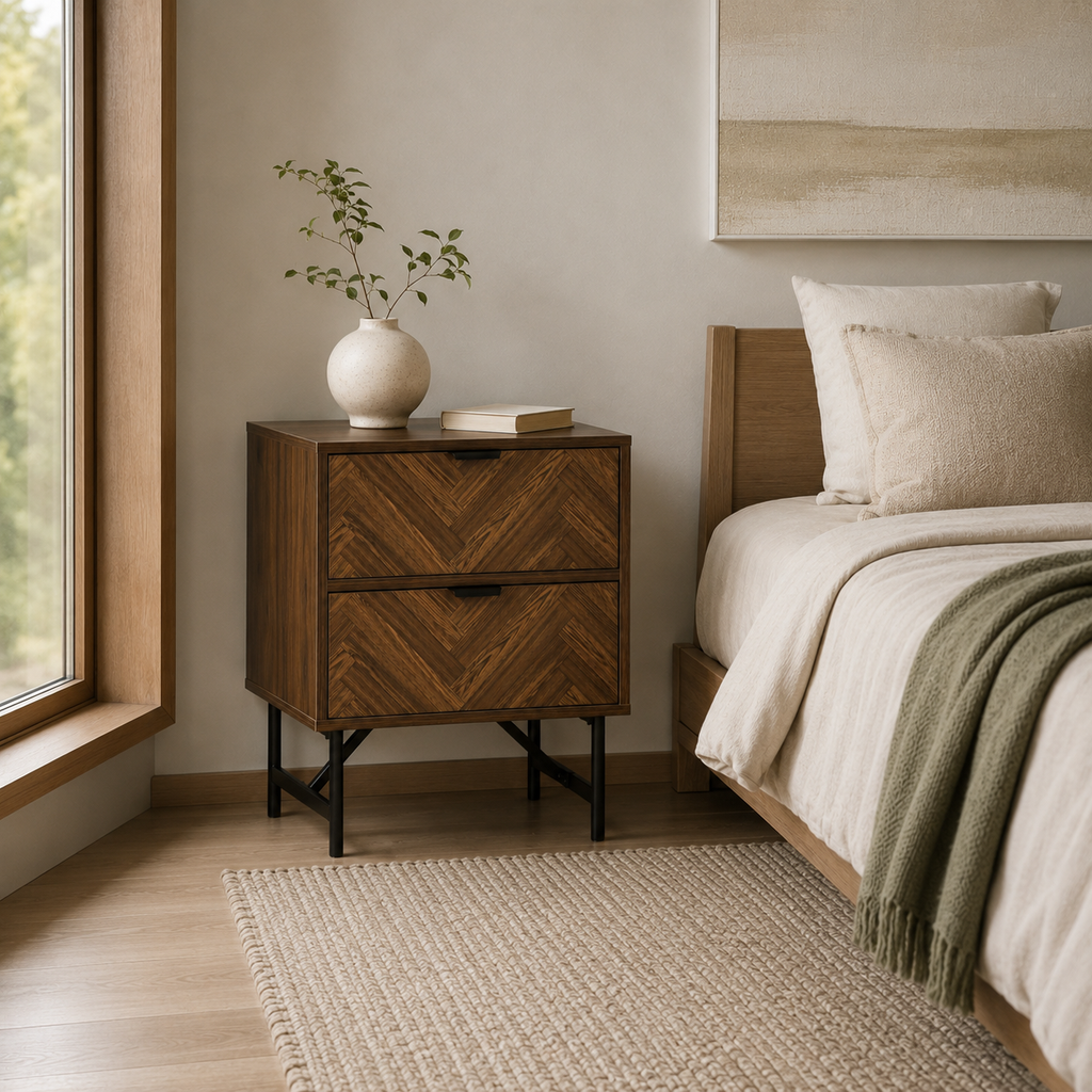 Bedside Table – 2 Drawers, Herringbone-Pattern Front, Metal Handles, Walnut-Effect