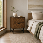 Bedside Table – 2 Drawers, Herringbone-Pattern Front, Metal Handles, Walnut-Effect