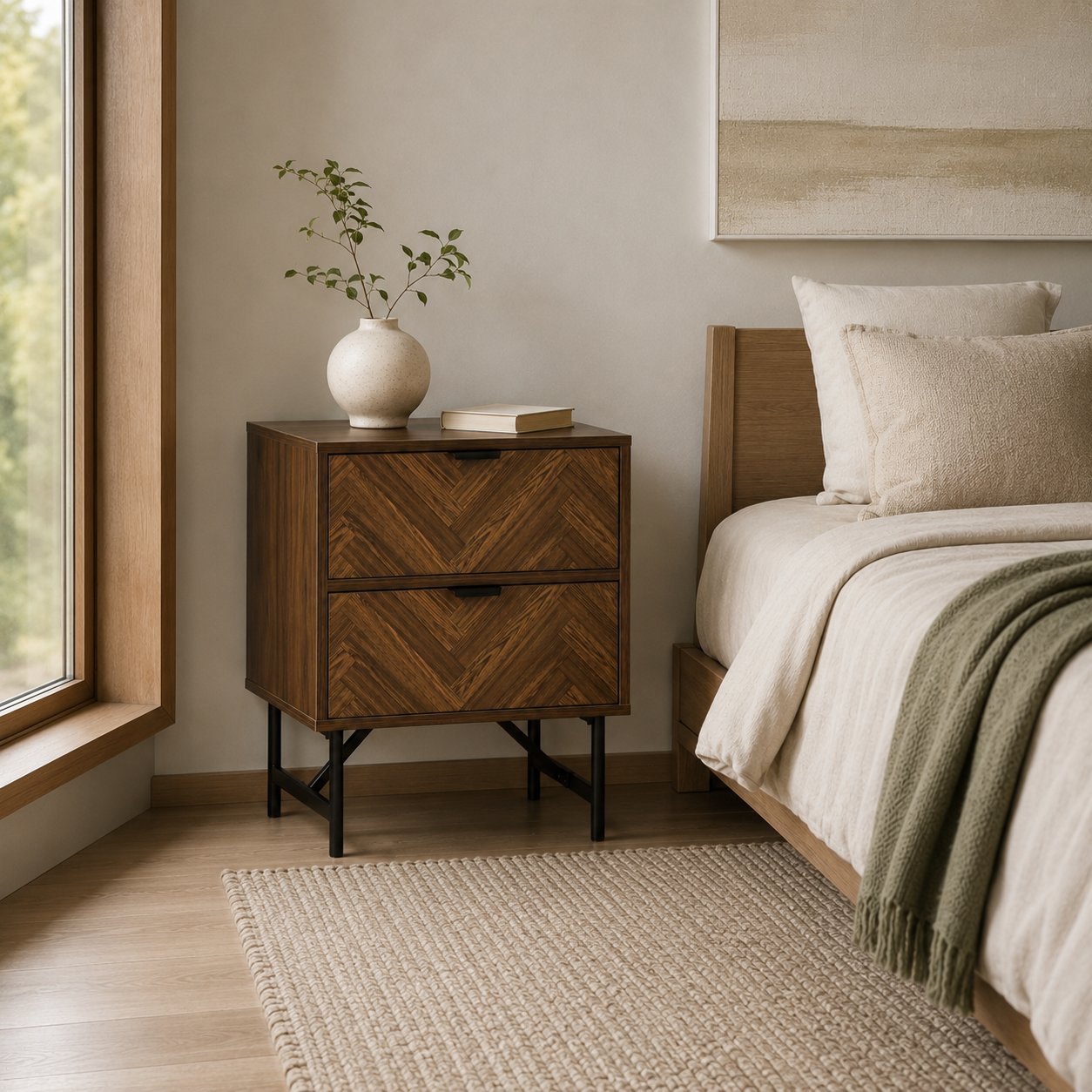 Bedside Table – 2 Drawers, Herringbone-Pattern Front, Metal Handles, Walnut-Effect