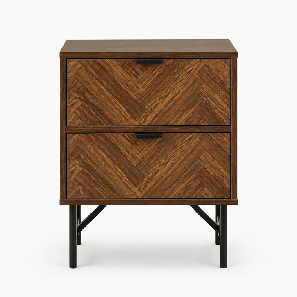 Bedside Table – 2 Drawers, Herringbone-Pattern Front, Metal Handles, Walnut-Effect