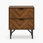 Bedside Table – 2 Drawers, Herringbone-Pattern Front, Metal Handles, Walnut-Effect