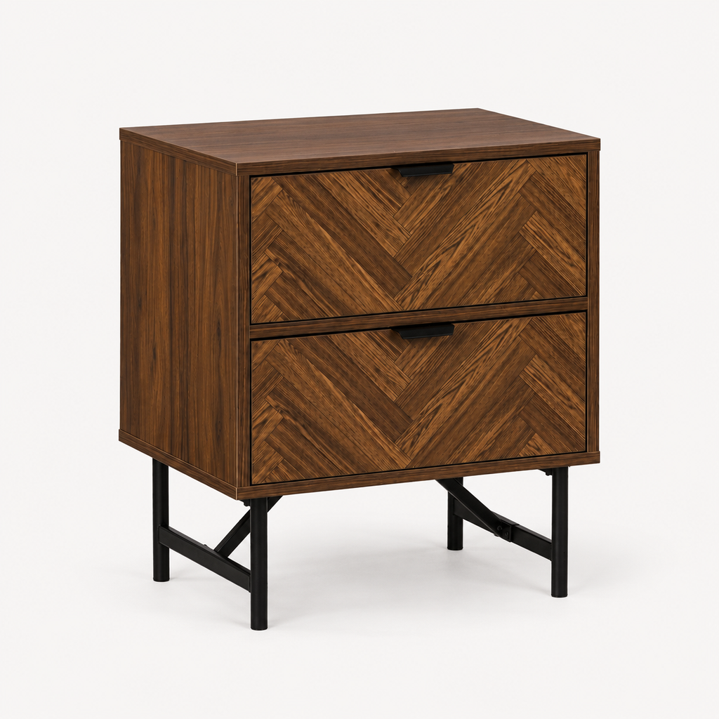 Bedside Table – 2 Drawers, Herringbone-Pattern Front, Metal Handles, Walnut-Effect