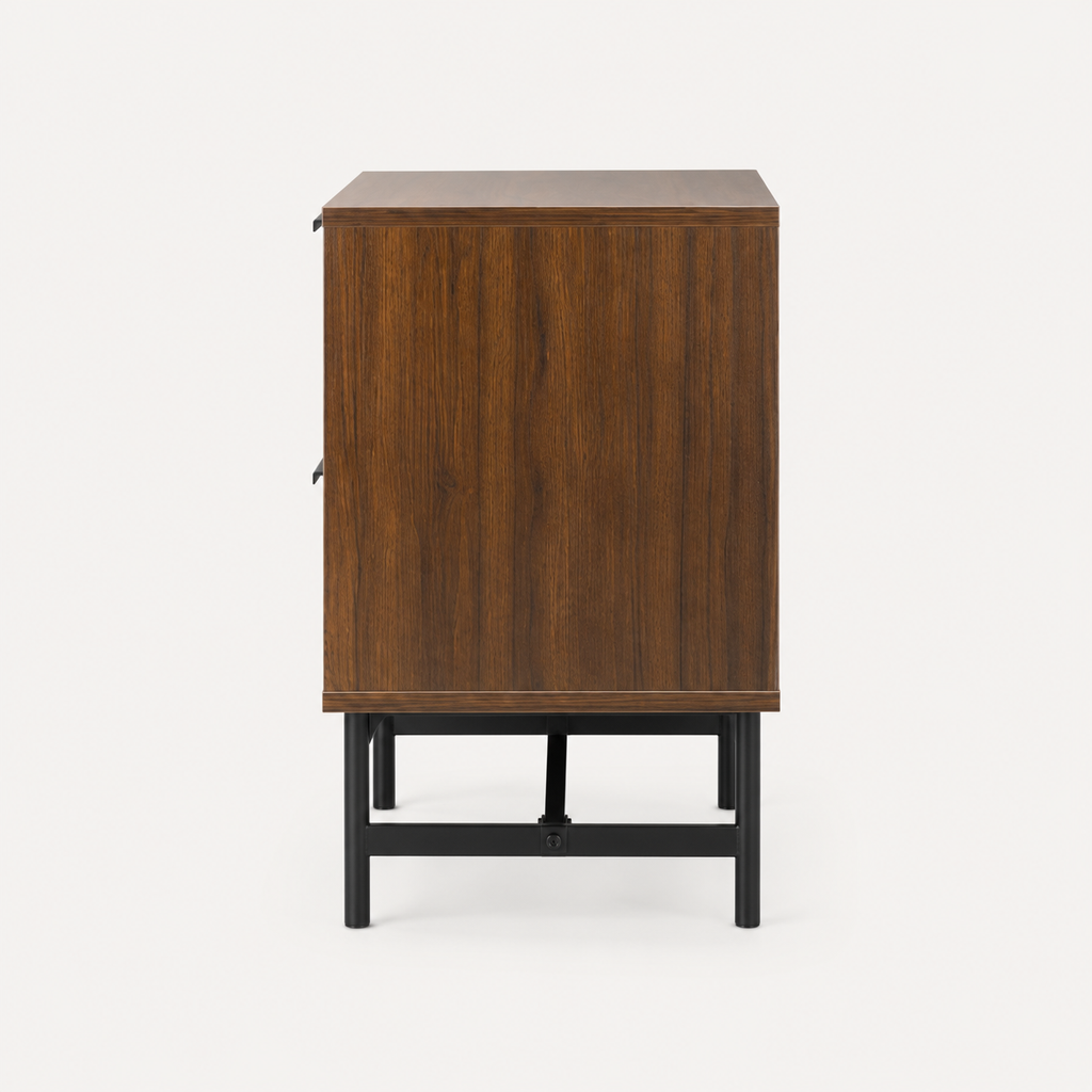 Bedside Table – 2 Drawers, Herringbone-Pattern Front, Metal Handles, Walnut-Effect