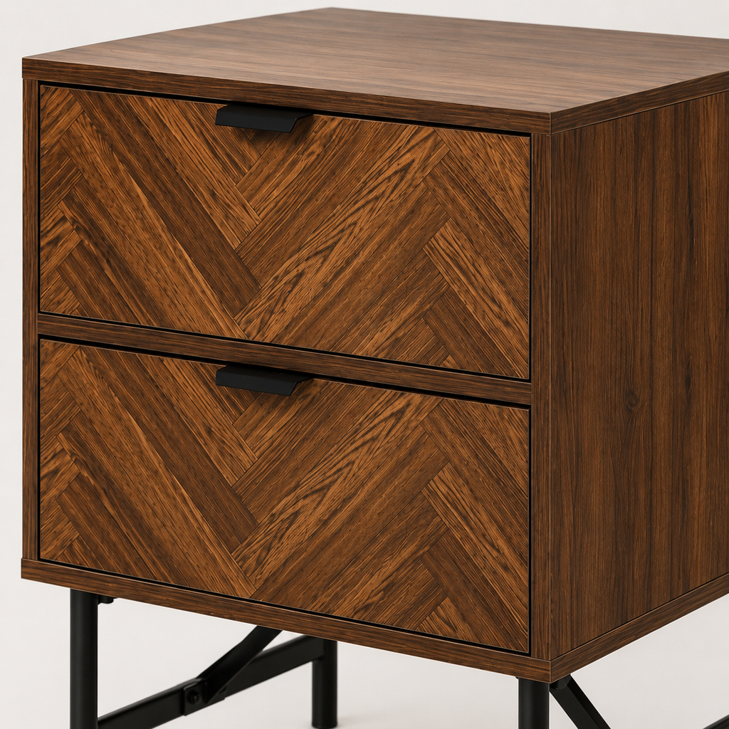 Bedside Table – 2 Drawers, Herringbone-Pattern Front, Metal Handles, Walnut-Effect