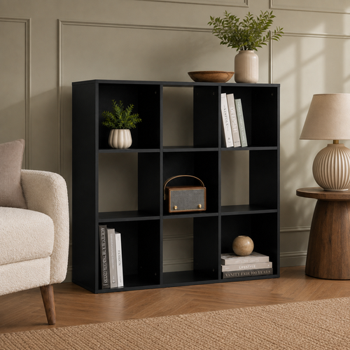 9-Cube Storage Unit (3×3) – Particle Board, Black, 91.5×29.5×91.5cm