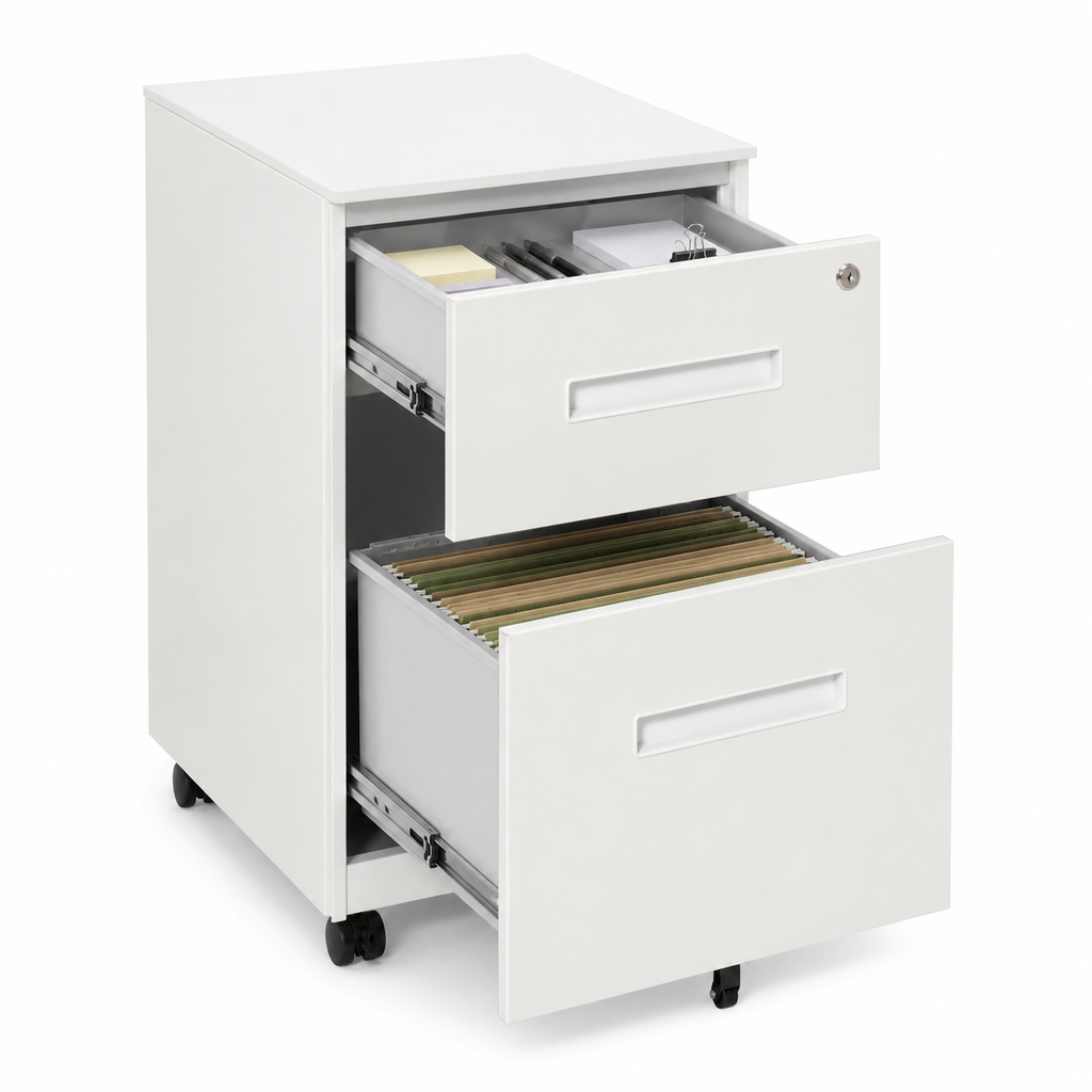 Filing Cabinet – Rolling, 2 Drawers, Lockable, Under-Desk, Powder-Coated Steel, White, 39×48×67cm