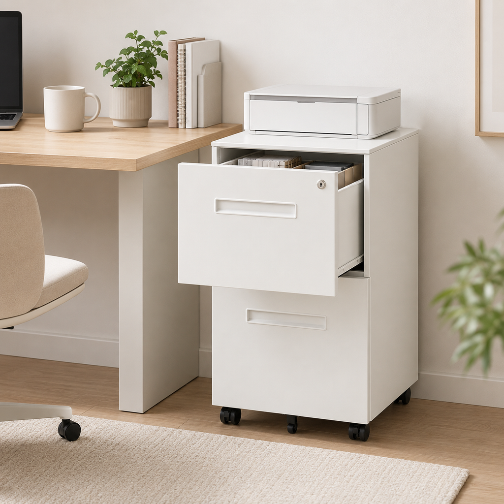 Filing Cabinet – Rolling, 2 Drawers, Lockable, Under-Desk, Powder-Coated Steel, White, 39×48×67cm