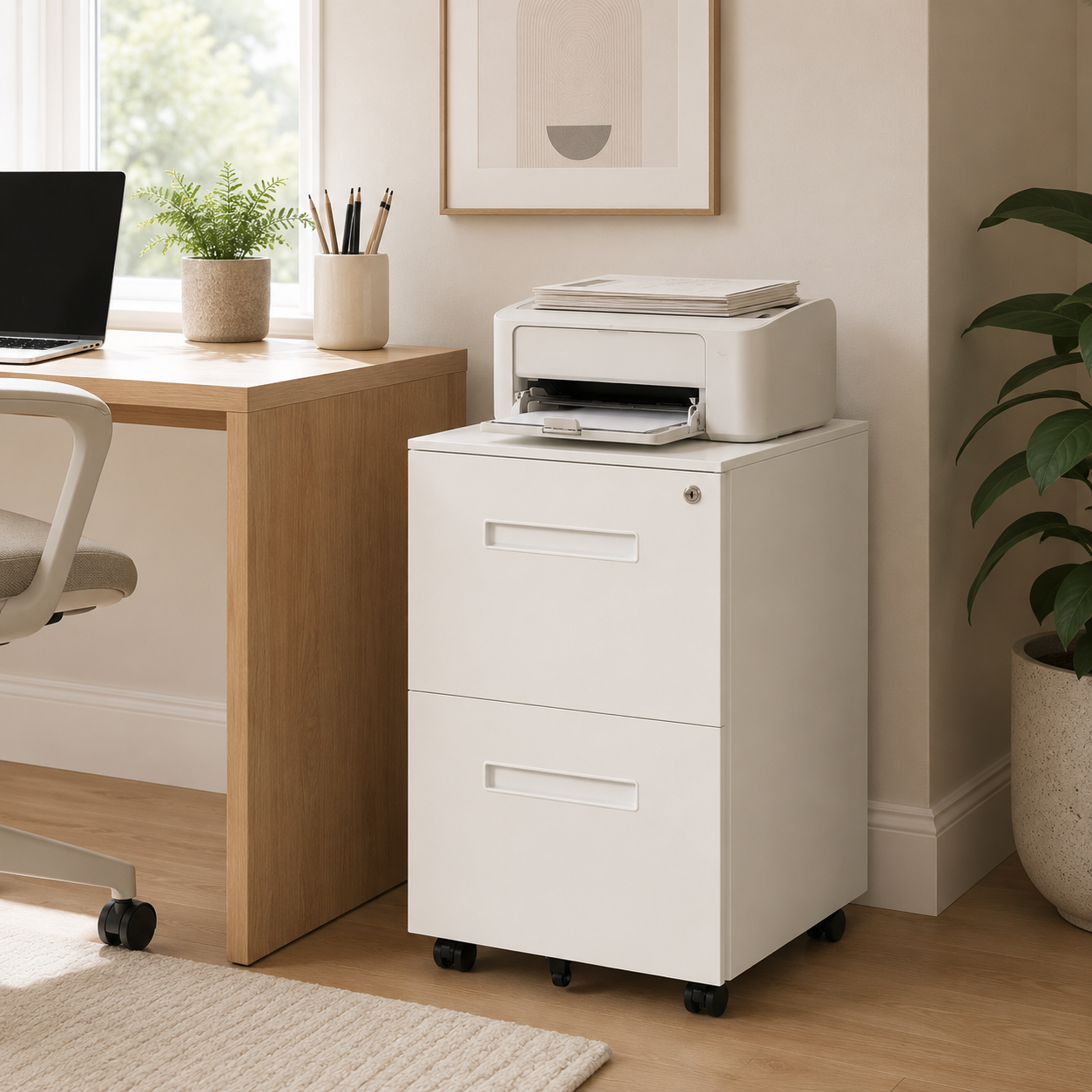 Filing Cabinet – Rolling, 2 Drawers, Lockable, Under-Desk, Powder-Coated Steel, White, 39×48×67cm