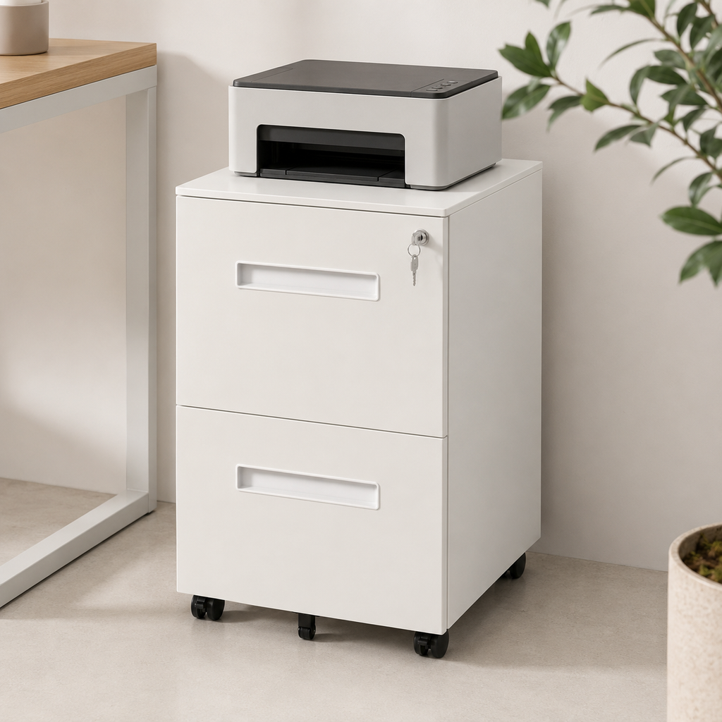 Filing Cabinet – Rolling, 2 Drawers, Lockable, Under-Desk, Powder-Coated Steel, White, 39×48×67cm
