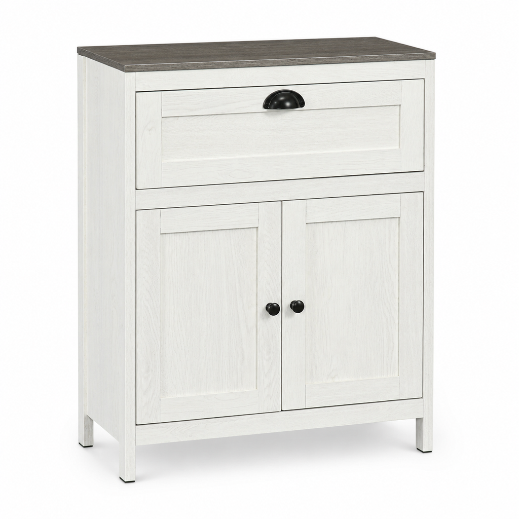 Bathroom Floor Cabinet with Drawer & Adjustable Cupboard – Particle Board, White, 60×30×76cm