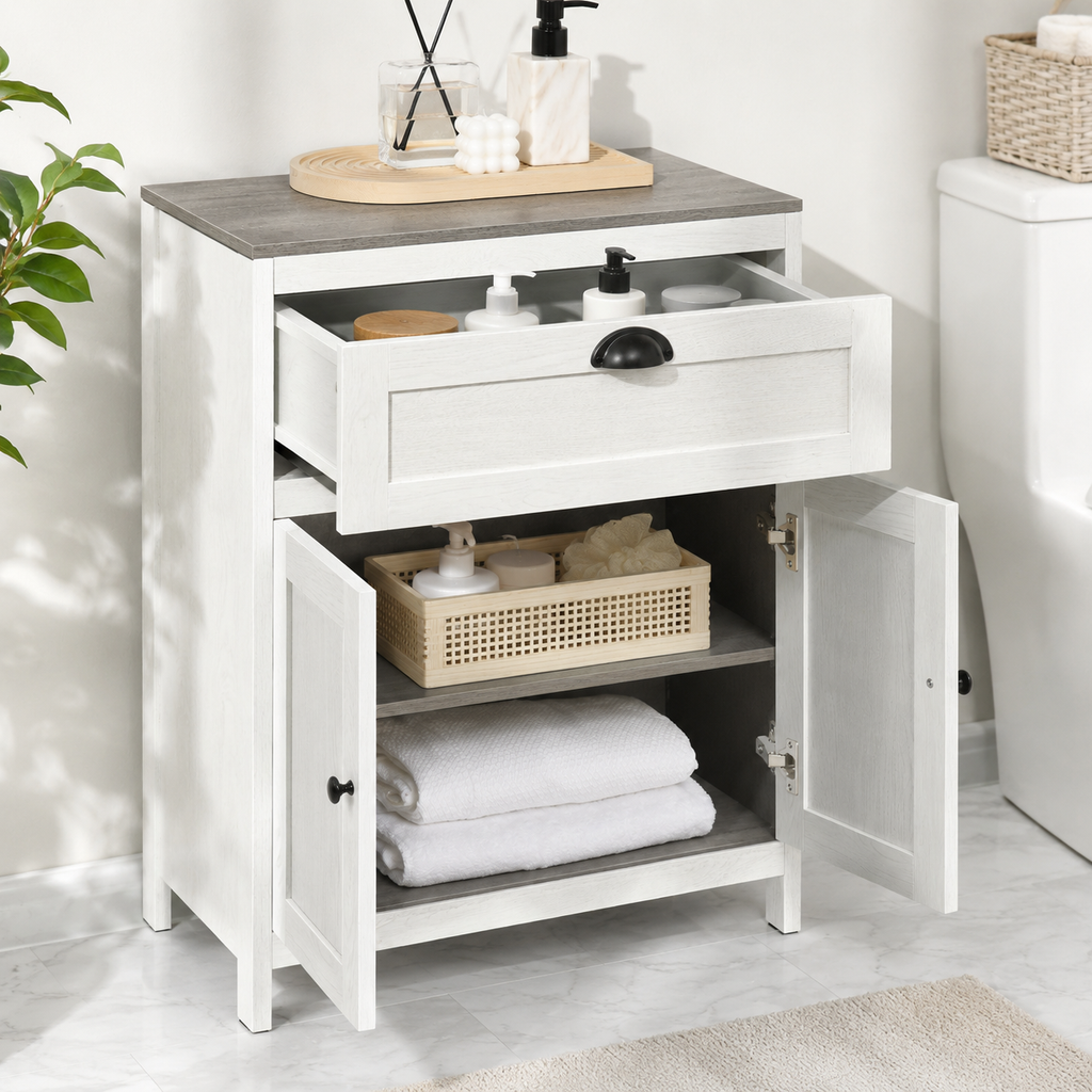 Bathroom Floor Cabinet with Drawer & Adjustable Cupboard – Particle Board, White, 60×30×76cm