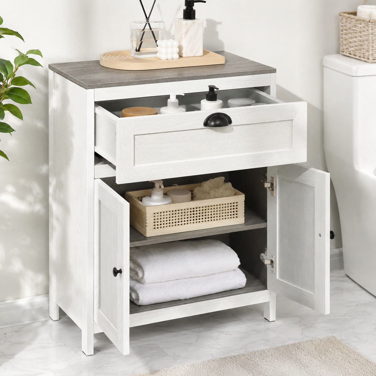 Bathroom Floor Cabinet with Drawer & Adjustable Cupboard – Particle Board, White, 60×30×76cm