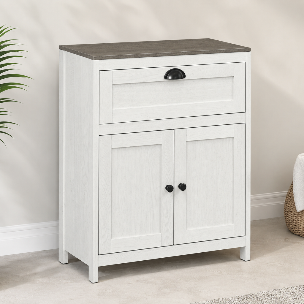 Bathroom Floor Cabinet with Drawer & Adjustable Cupboard – Particle Board, White, 60×30×76cm