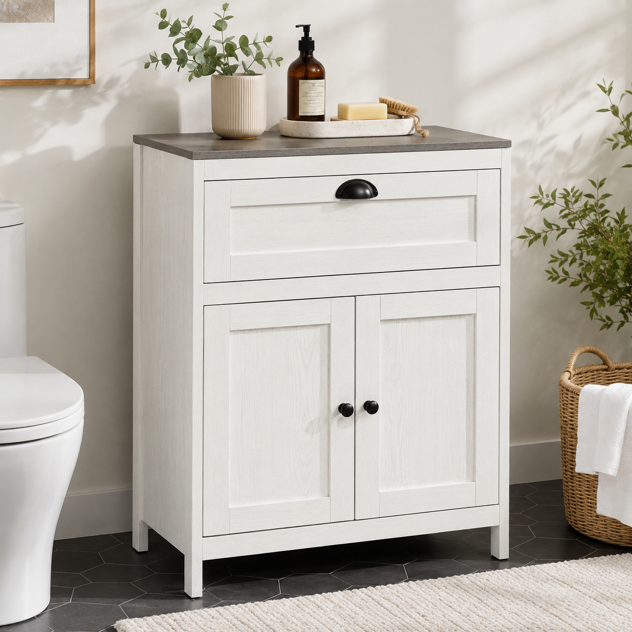 Bathroom Floor Cabinet with Drawer & Adjustable Cupboard – Particle Board, White, 60×30×76cm