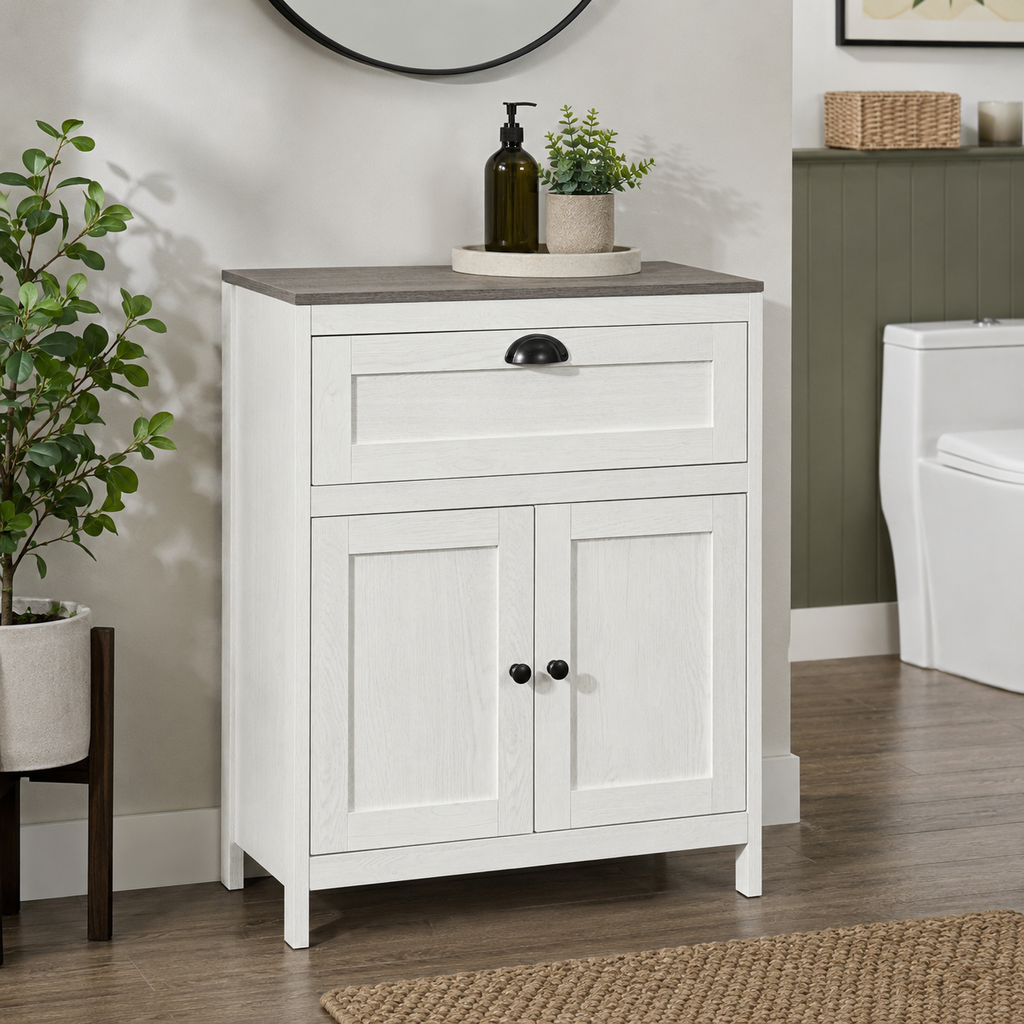 Bathroom Floor Cabinet with Drawer & Adjustable Cupboard – Particle Board, White, 60×30×76cm