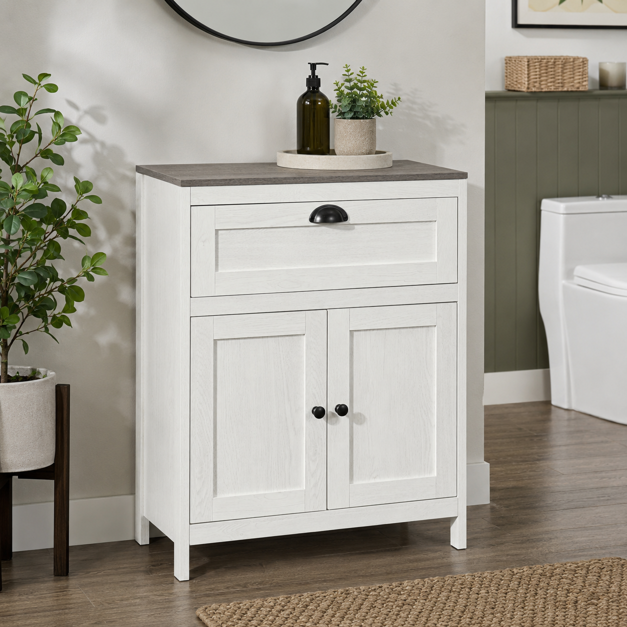 Bathroom Floor Cabinet with Drawer & Adjustable Cupboard – Particle Board, White, 60×30×76cm