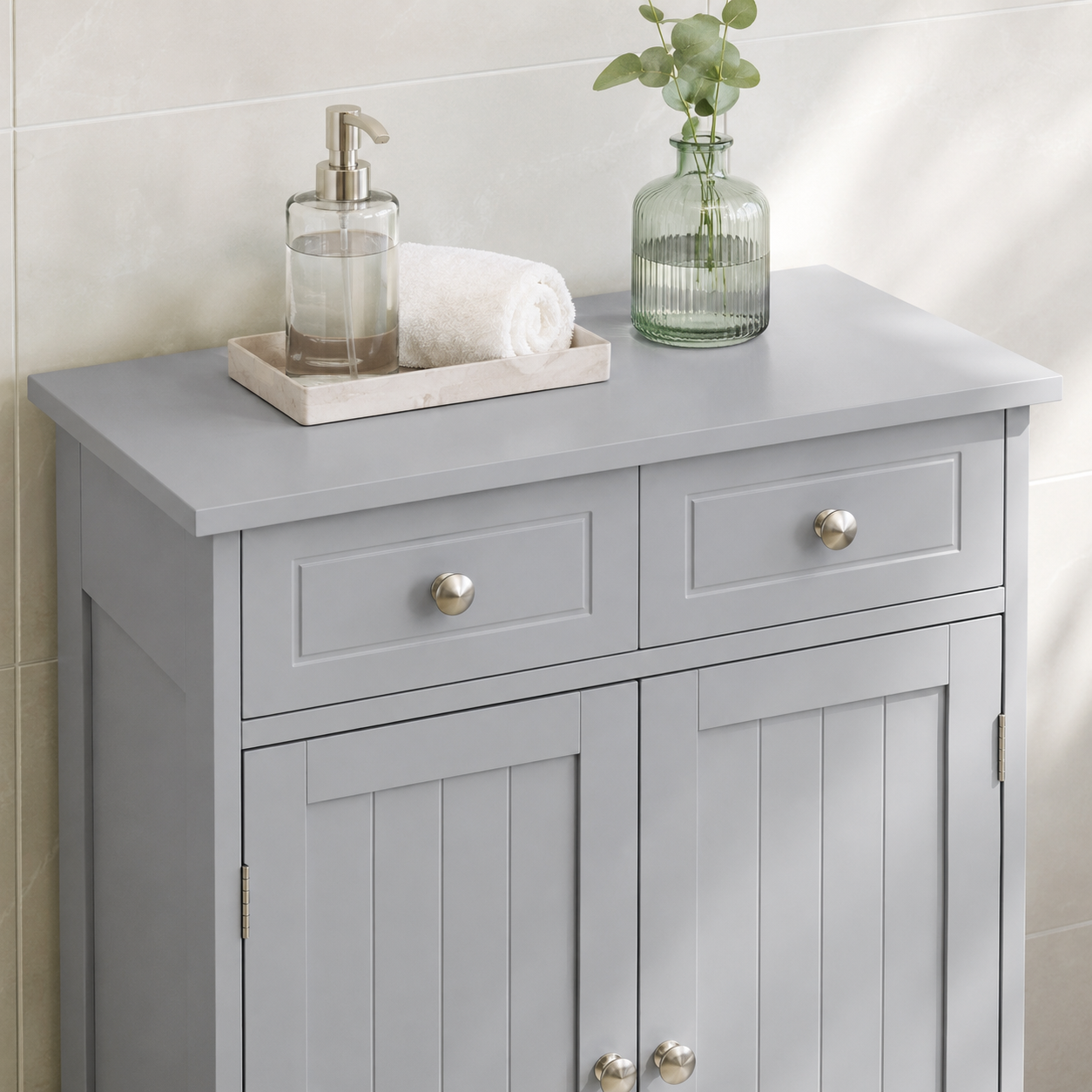Bathroom Storage Cabinet – 2 Drawers & Cupboard, Adjustable Shelf, Traditional Style, MDF, Grey, 60×30×75cm