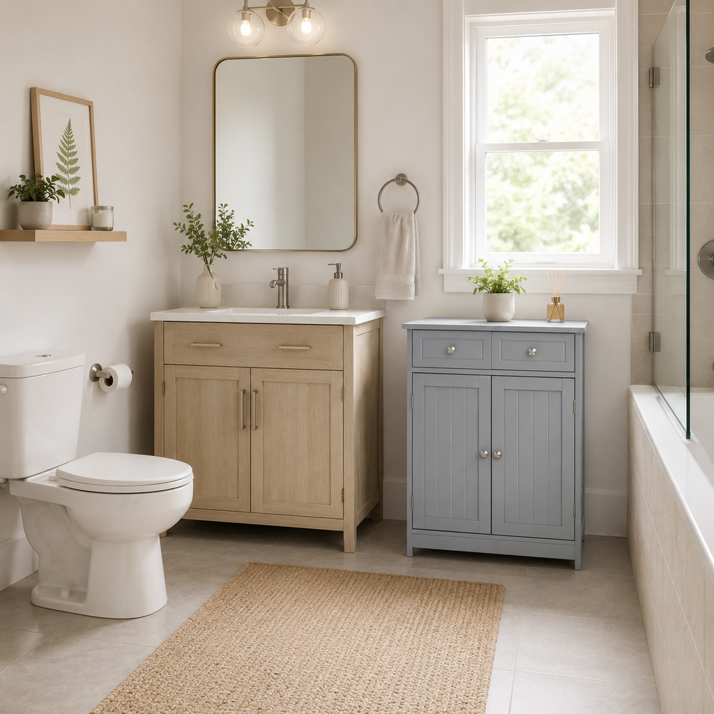 Bathroom Storage Cabinet – 2 Drawers & Cupboard, Adjustable Shelf, Traditional Style, MDF, Grey, 60×30×75cm