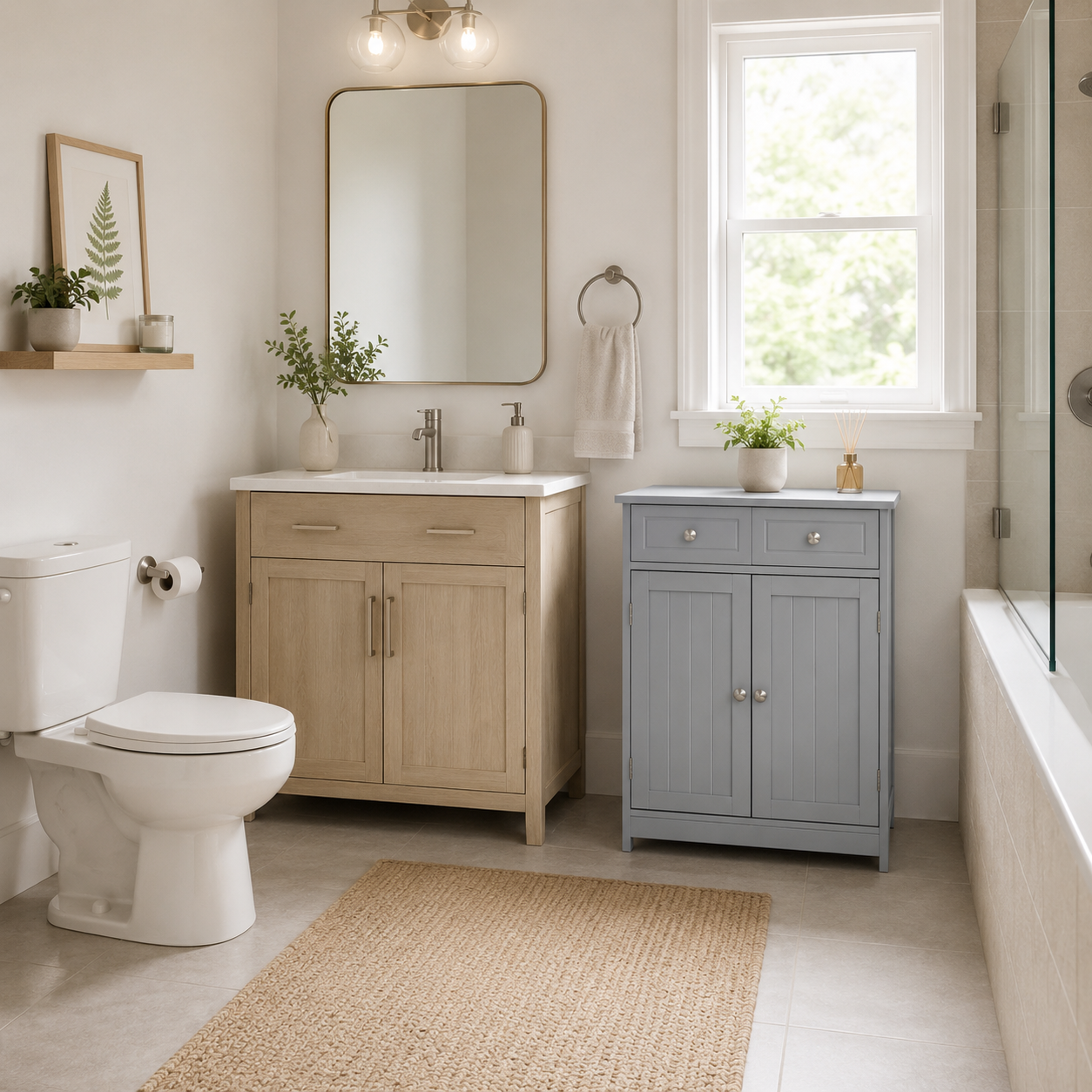 Bathroom Storage Cabinet – 2 Drawers & Cupboard, Adjustable Shelf, Traditional Style, MDF, Grey, 60×30×75cm