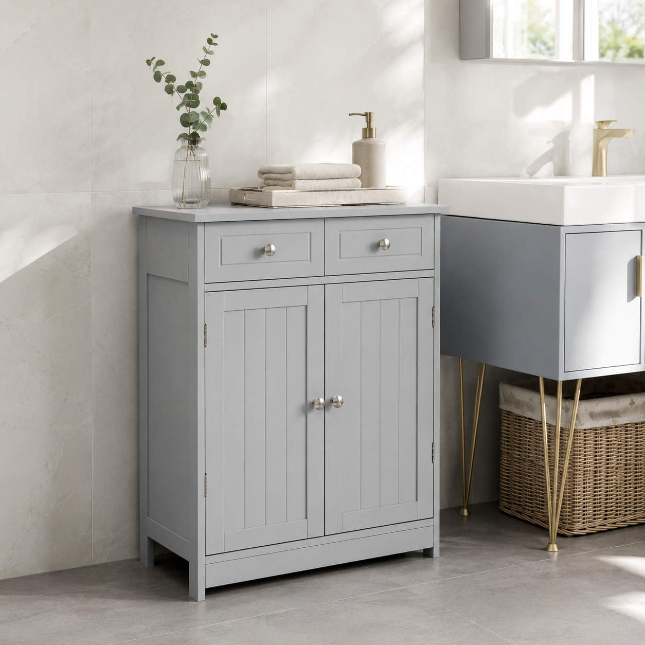 Bathroom Storage Cabinet – 2 Drawers & Cupboard, Adjustable Shelf, Traditional Style, MDF, Grey, 60×30×75cm