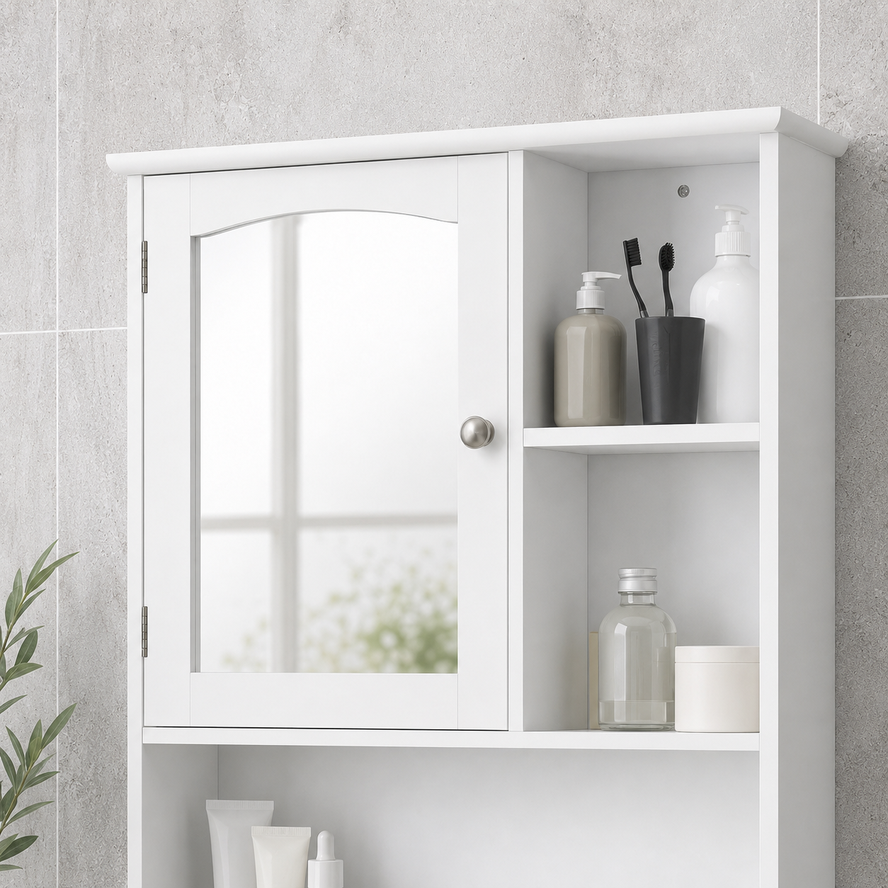 Wall-Mounted Bathroom Mirror Cabinet with Open Shelves – MDF & Glass, White, 60×18×63cm