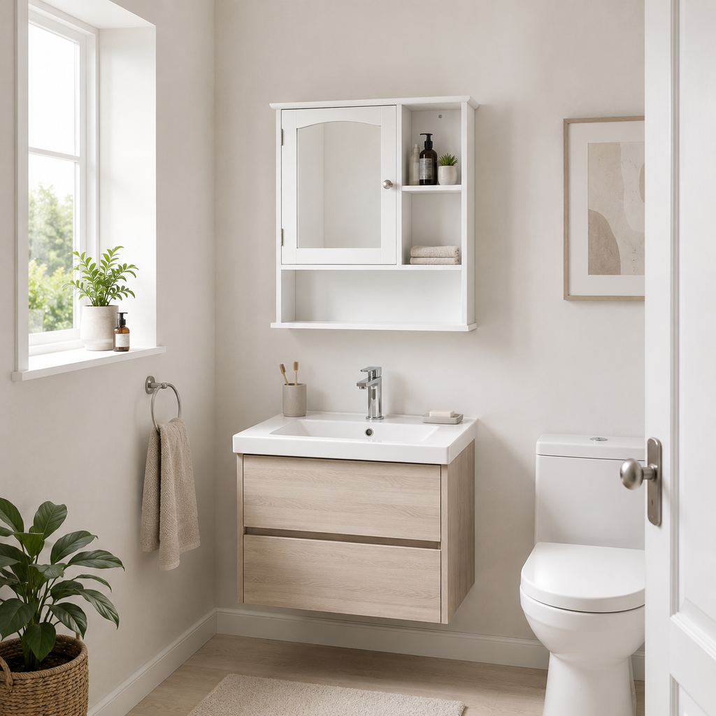 Wall-Mounted Bathroom Mirror Cabinet with Open Shelves – MDF & Glass, White, 60×18×63cm