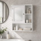 Wall-Mounted Bathroom Mirror Cabinet with Open Shelves – MDF & Glass, White, 60×18×63cm