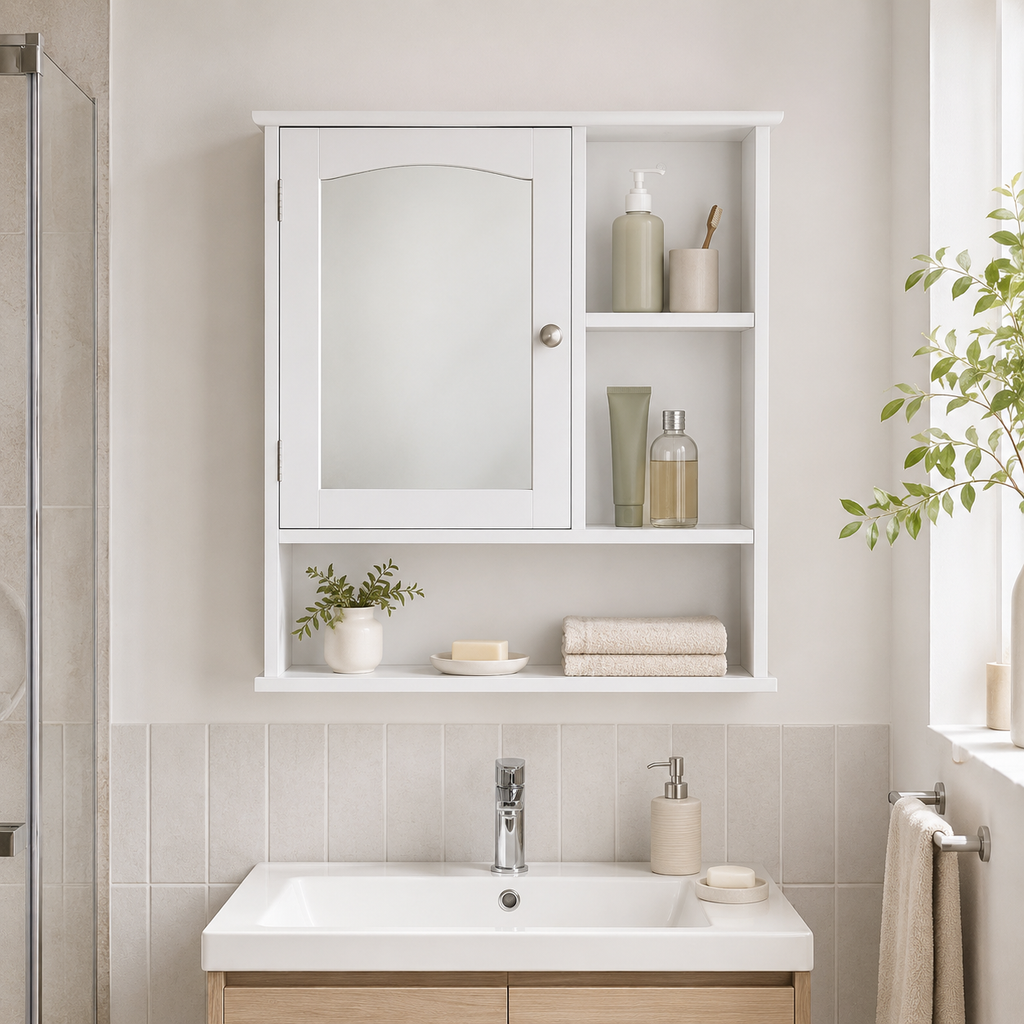Wall-Mounted Bathroom Mirror Cabinet with Open Shelves – MDF & Glass, White, 60×18×63cm