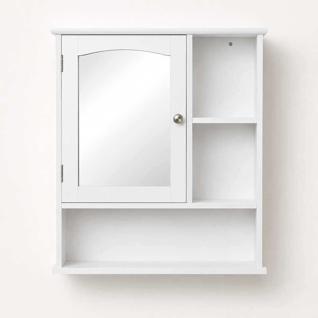 Wall-Mounted Bathroom Mirror Cabinet with Open Shelves – MDF & Glass, White, 60×18×63cm