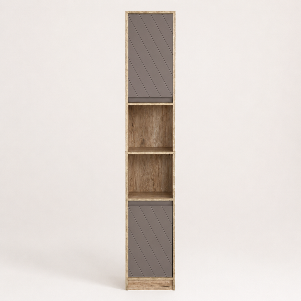 Bathroom Storage Cabinet – Slim, Freestanding, 30×24×170cm, Adjustable Shelves, Grey & Oak-Effect