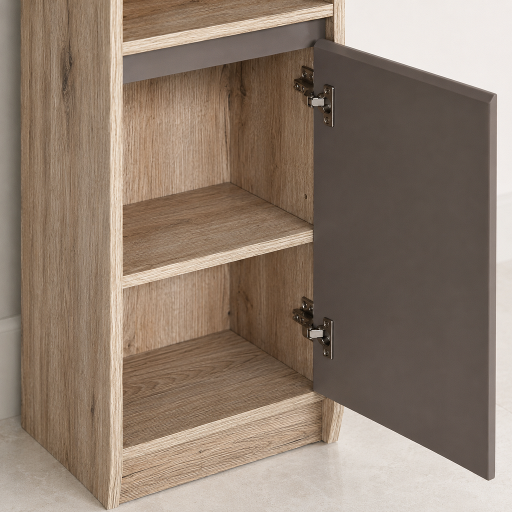 Bathroom Storage Cabinet – Slim, Freestanding, 30×24×170cm, Adjustable Shelves, Grey & Oak-Effect