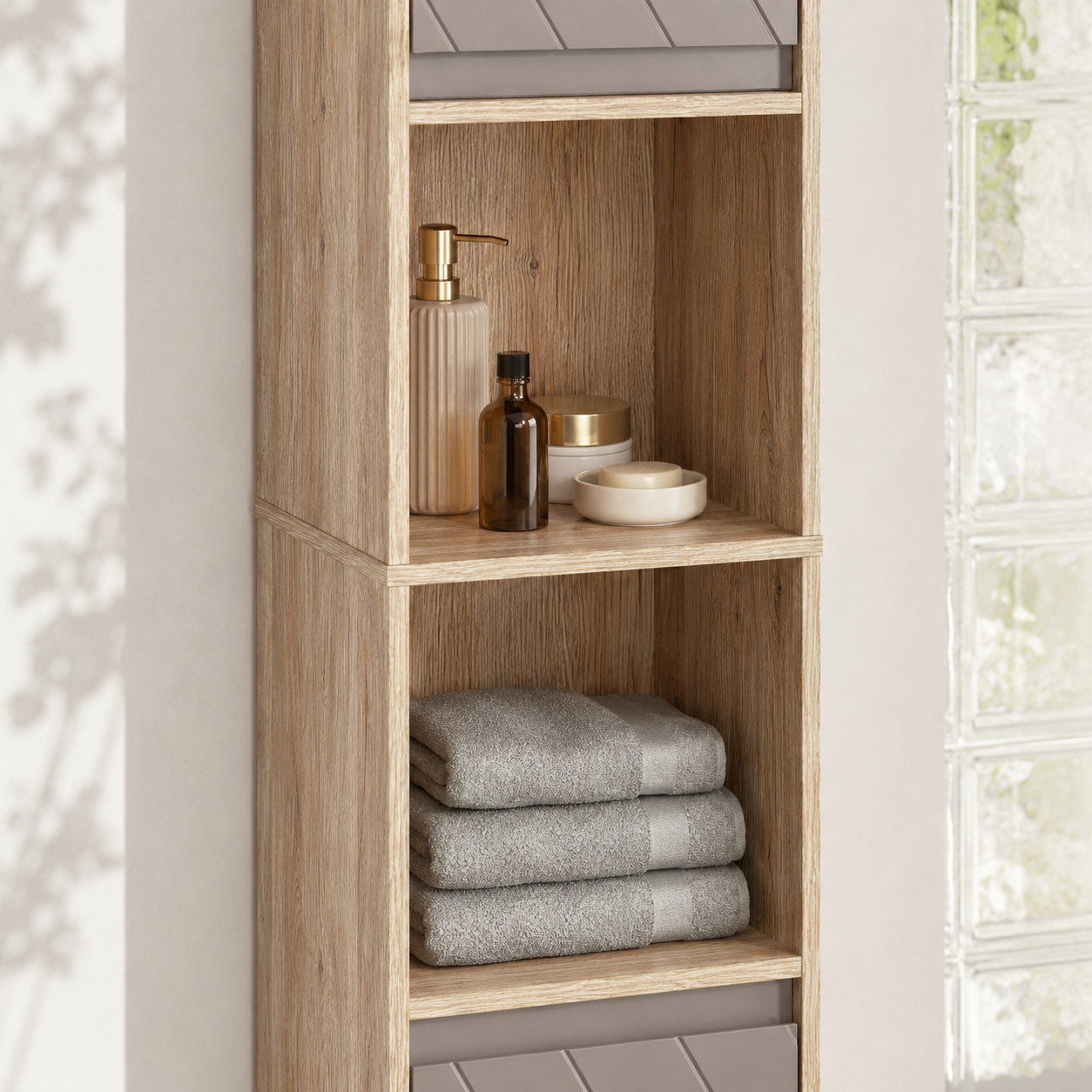 Bathroom Storage Cabinet – Slim, Freestanding, 30×24×170cm, Adjustable Shelves, Grey & Oak-Effect
