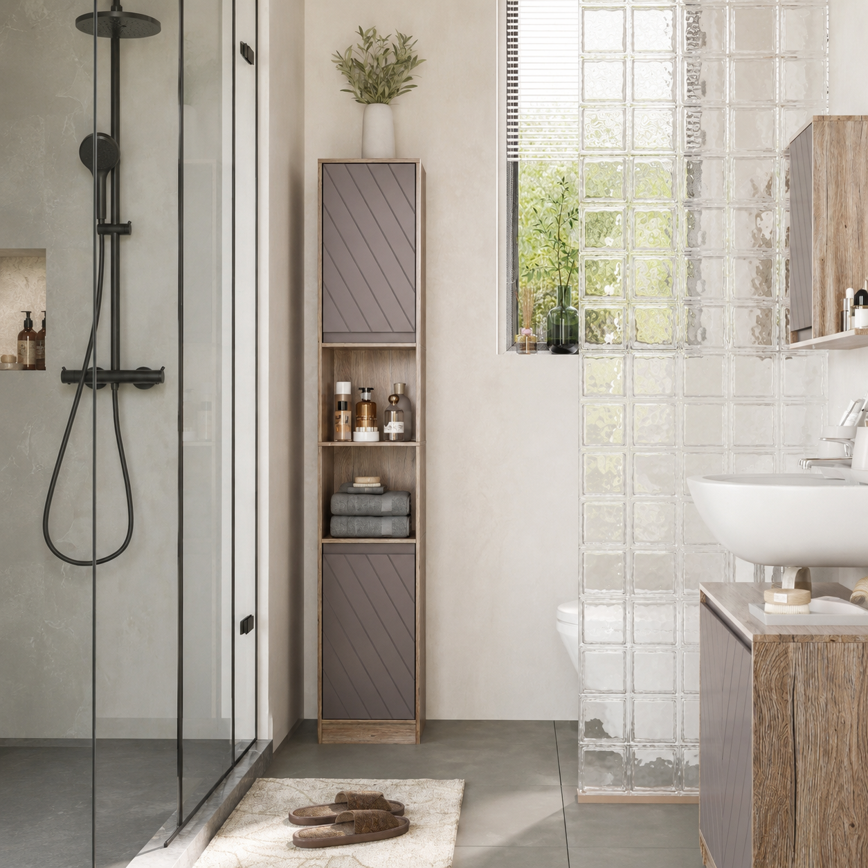 Bathroom Storage Cabinet – Slim, Freestanding, 30×24×170cm, Adjustable Shelves, Grey & Oak-Effect
