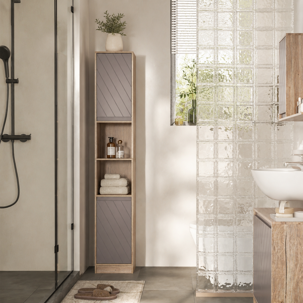 Bathroom Storage Cabinet – Slim, Freestanding, 30×24×170cm, Adjustable Shelves, Grey & Oak-Effect