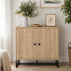 Storage Cabinet – 2-Tier, Steel Frame, Arrow-Design Doors, Oak-Effect, 80×80×29.5cm
