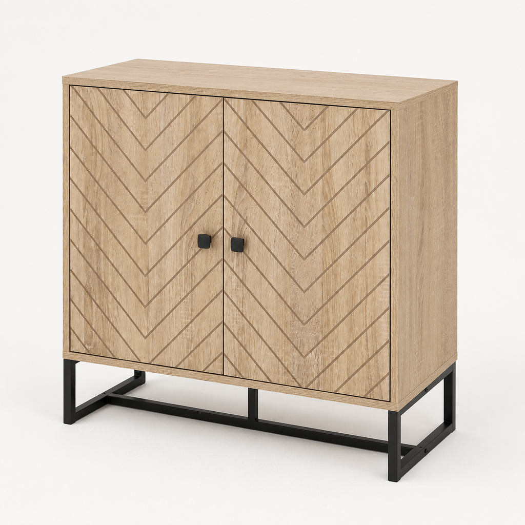 Storage Cabinet – 2-Tier, Steel Frame, Arrow-Design Doors, Oak-Effect, 80×80×29.5cm