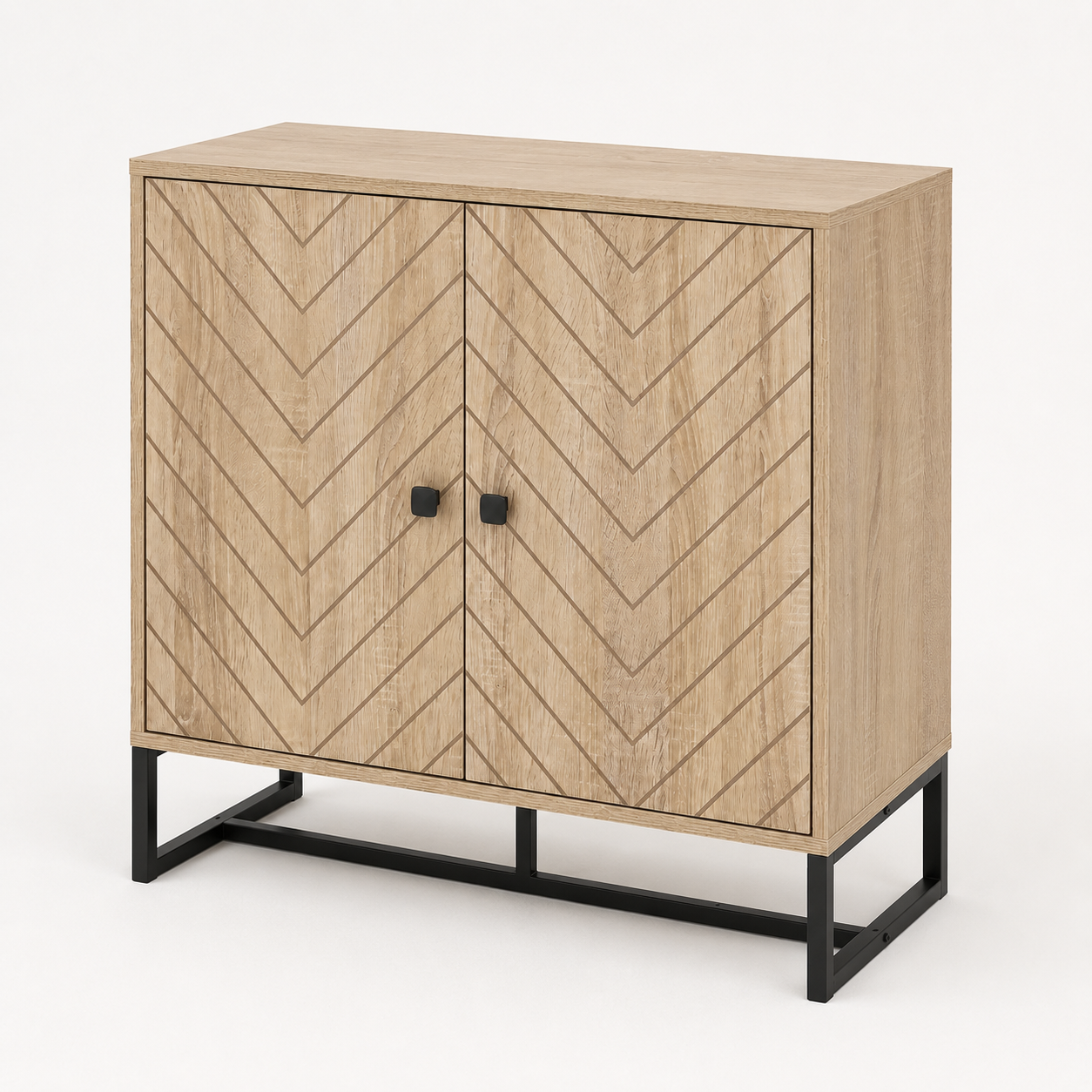 Storage Cabinet – 2-Tier, Steel Frame, Arrow-Design Doors, Oak-Effect, 80×80×29.5cm