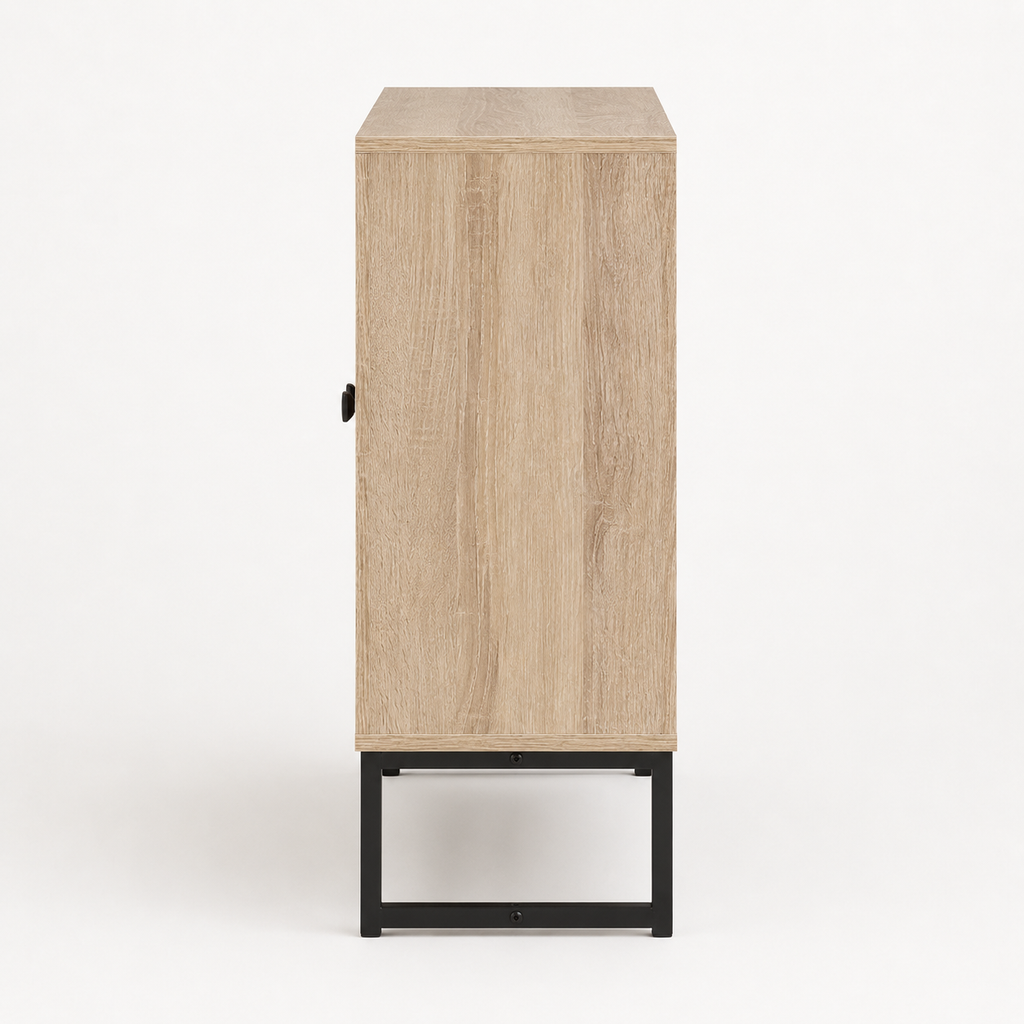 Storage Cabinet – 2-Tier, Steel Frame, Arrow-Design Doors, Oak-Effect, 80×80×29.5cm