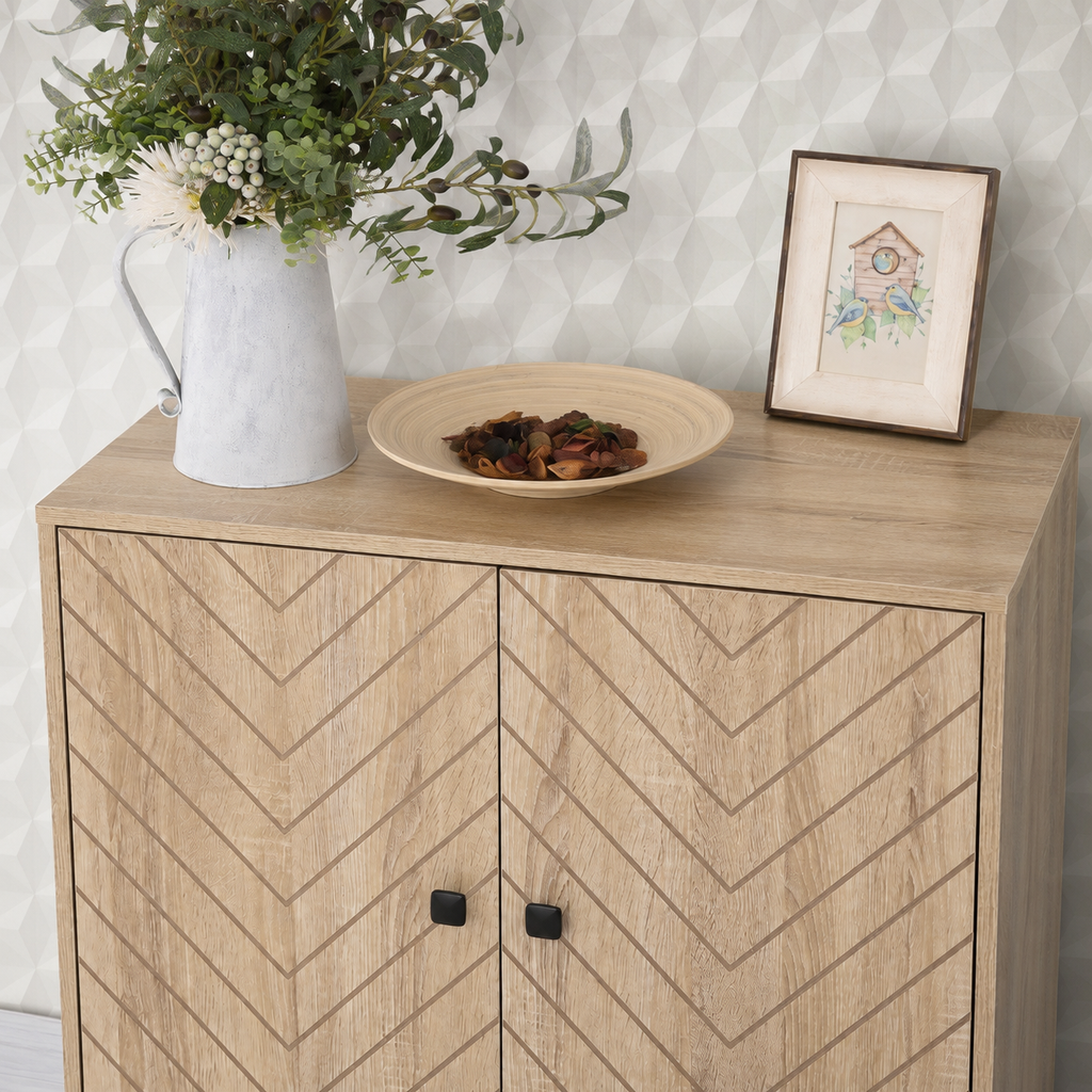 Storage Cabinet – 2-Tier, Steel Frame, Arrow-Design Doors, Oak-Effect, 80×80×29.5cm