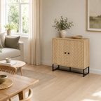 Storage Cabinet – 2-Tier, Steel Frame, Arrow-Design Doors, Oak-Effect, 80×80×29.5cm