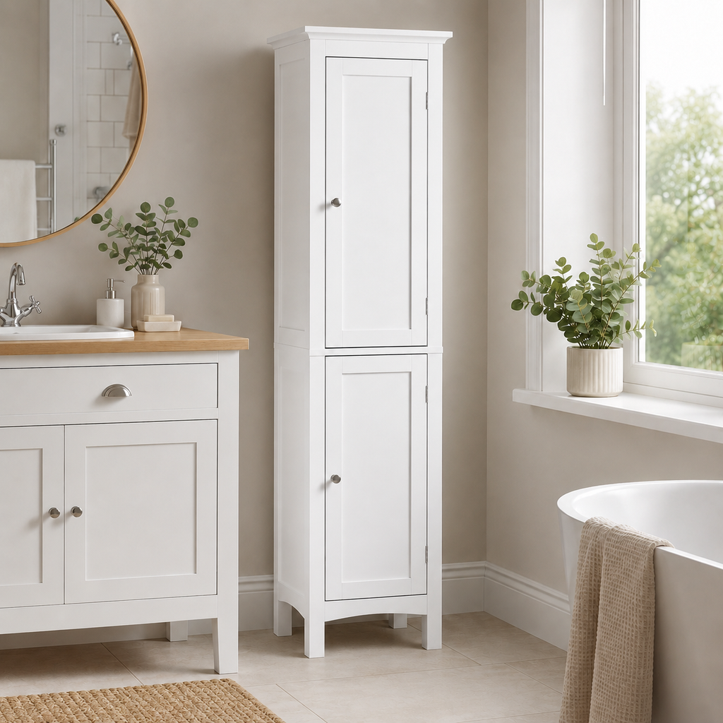 Bathroom Cabinet – Tall Slim, Double Door, Adjustable Shelves, White