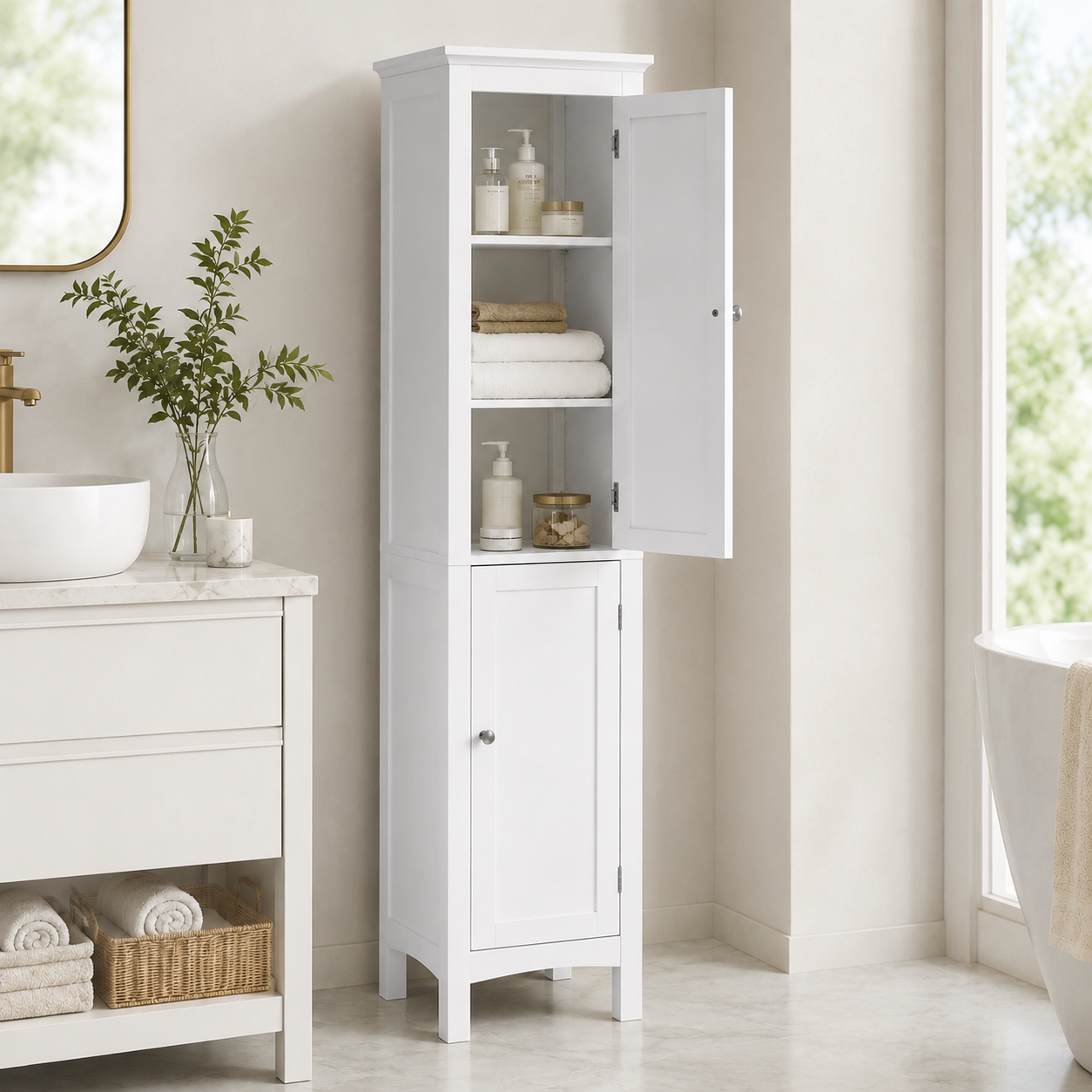 Bathroom Cabinet – Tall Slim, Double Door, Adjustable Shelves, White