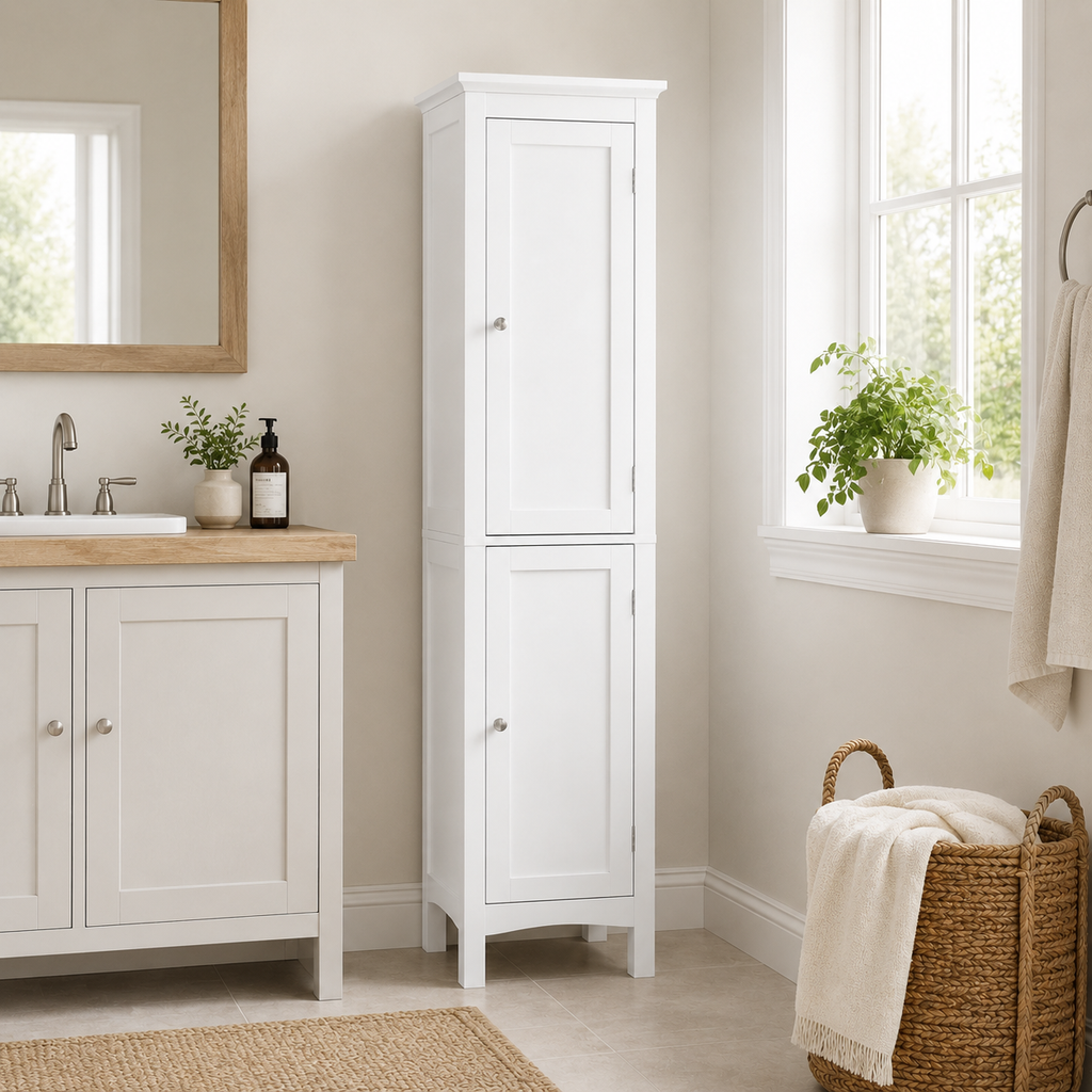 Bathroom Cabinet – Tall Slim, Double Door, Adjustable Shelves, White