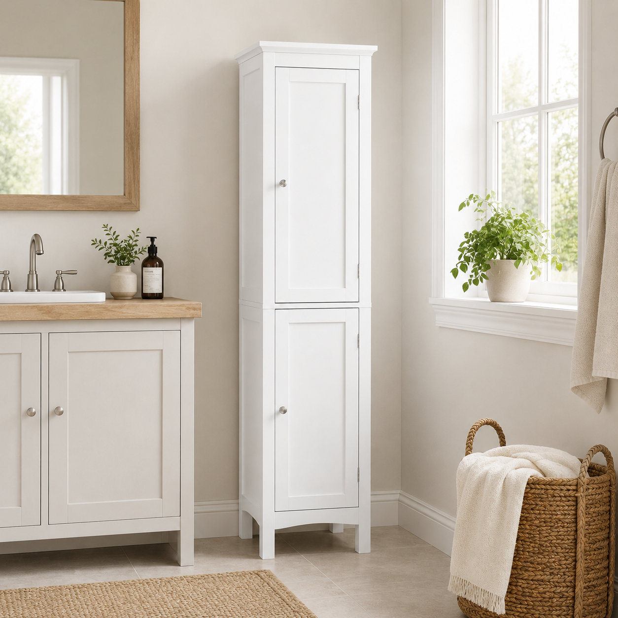 Bathroom Cabinet – Tall Slim, Double Door, Adjustable Shelves, White