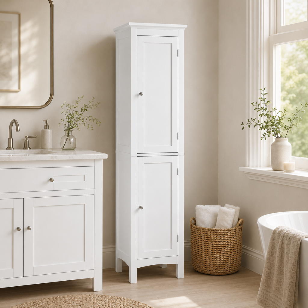 Bathroom Cabinet – Tall Slim, Double Door, Adjustable Shelves, White