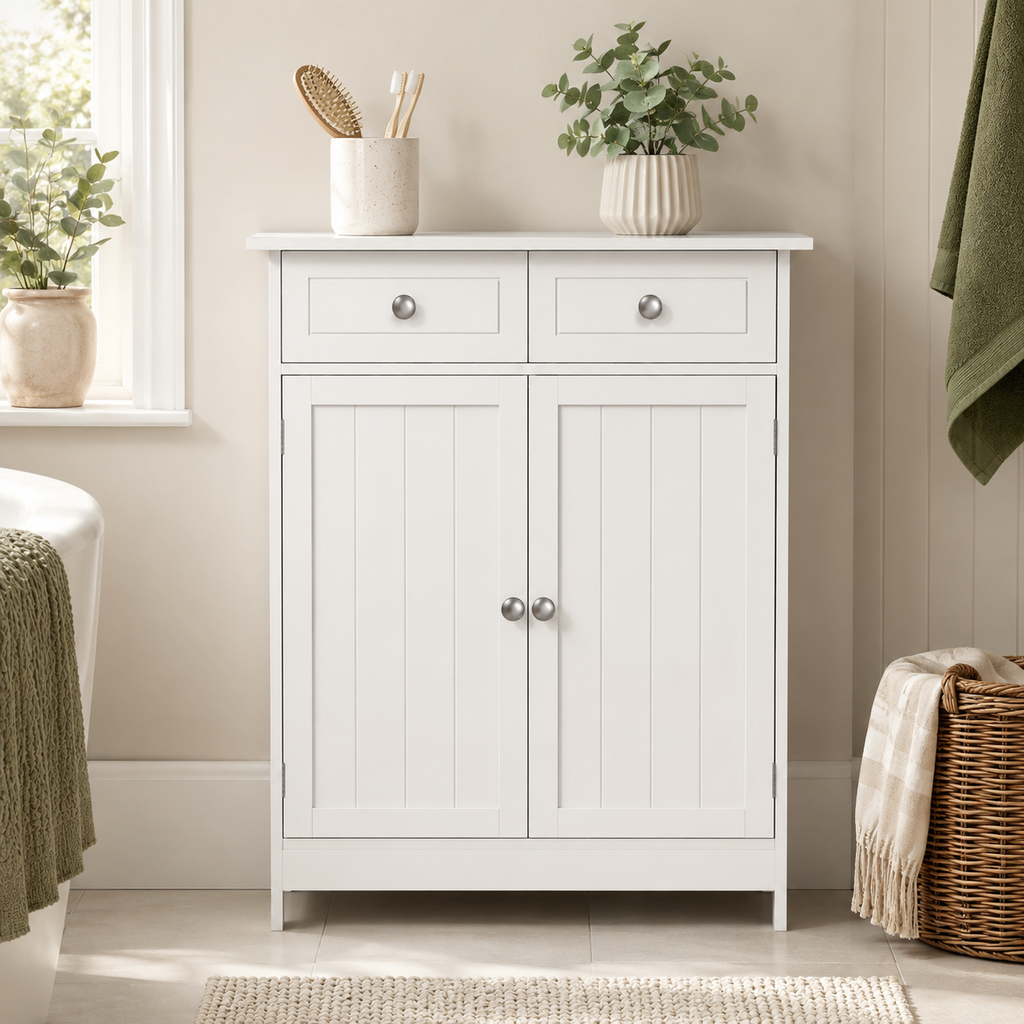 Freestanding Bathroom Storage Cabinet with 2 Drawers & Cupboard – MDF, White, 60×30×75cm